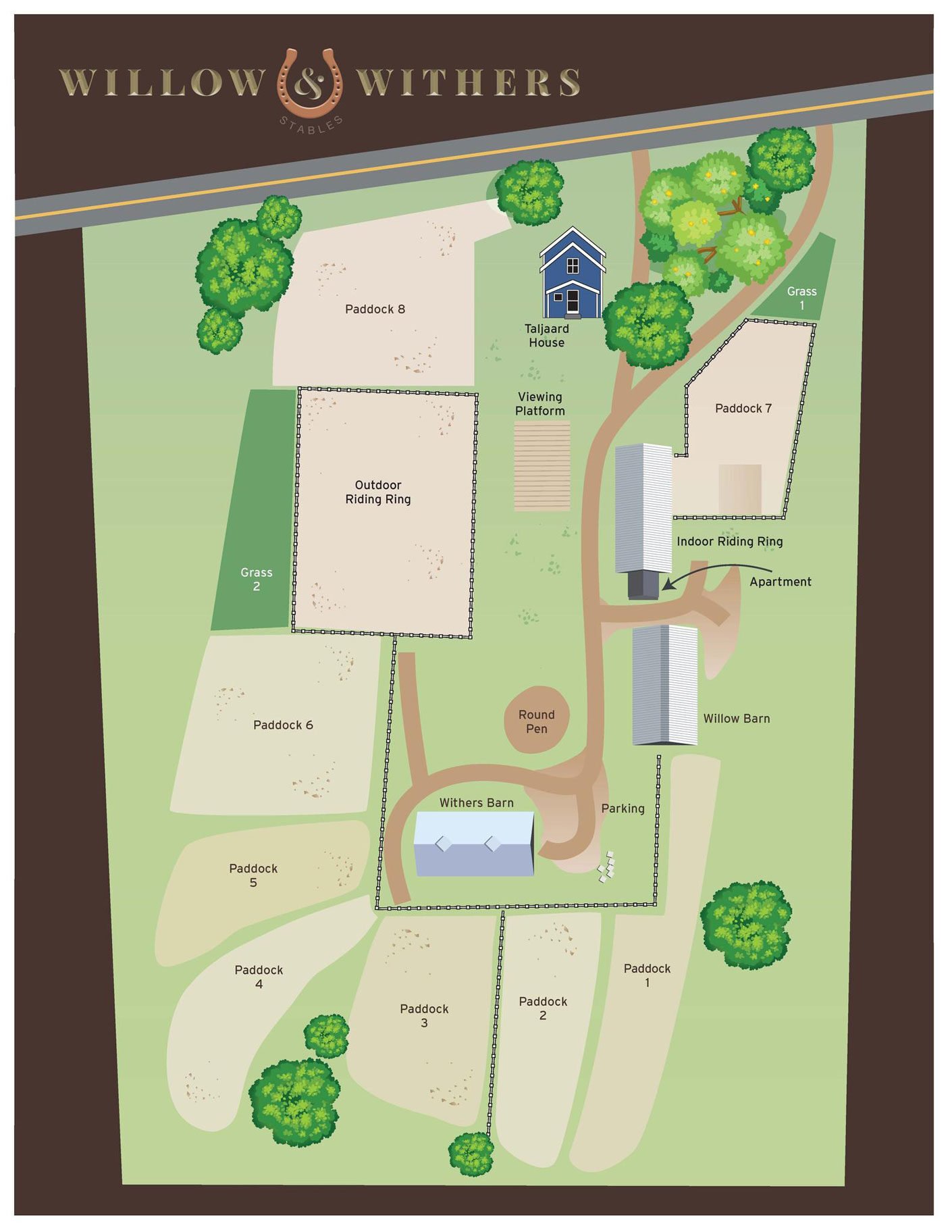 Willow and Withers Stables - Property Map showing barns, paddocks, riding rings